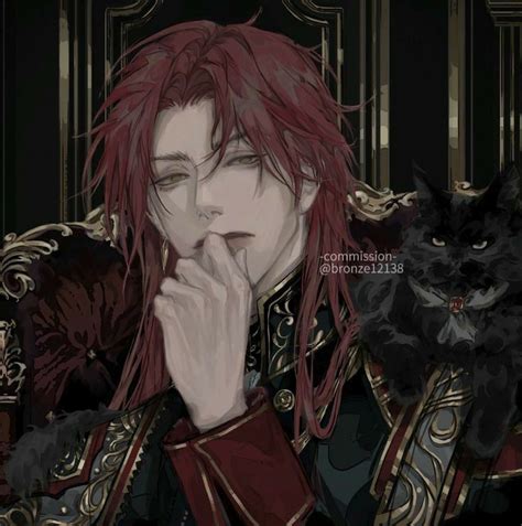 An Anime Character With Red Hair Sitting Next To A Black Cat