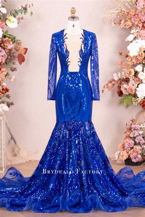 Sparkly Royal Blue Sequin Long Sleeve Mermaid Prom Dress