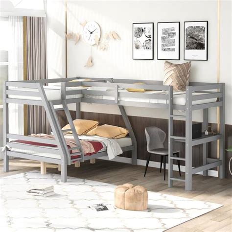 Harper And Bright Designs Qhs042aae L Shaped Gray Twin Over Full Bunk Bed With Ladder And Built In