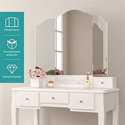 Mecor Vanity Set With Tri Folding Edgeless Mirror And 5 Drawers Makeup