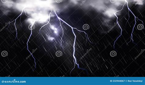 Rain With Lightning And Clouds In Sky At Night Stock Vector