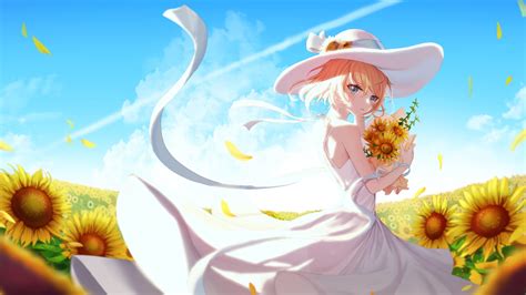 Anime girl Wallpaper 4K, Sunflowers, Sunny day, 5K