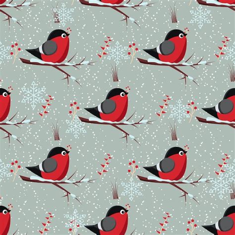 Premium Vector Vector Seamless Winter Pattern With Bird Bullfinch Sit