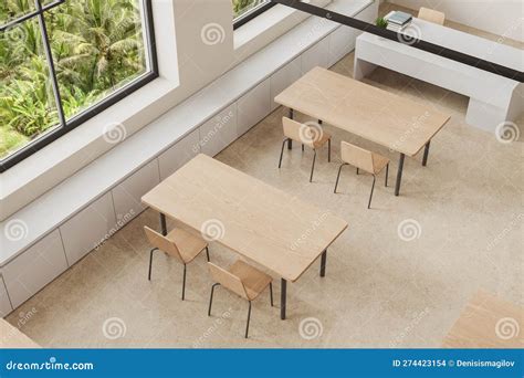 Top View Of Modern Classroom Interior With Desk In Row Near Panoramic Window Stock Illustration