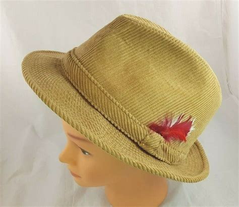 Beco Vtg Tan Corduroy Fedora Feathered Hat Size L Trilby 100 Cotton Ebay Feather Hat