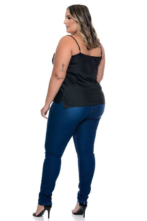 Regata Plus Size Em Cetim Decote Degag Preta Vk Moda Plus Size