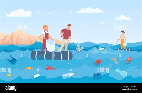 Volunteers Cleaning Sea Collect Trash And Plastic Stock Vector Image