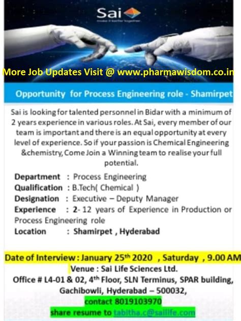 Sai Life Sciences Ltd Walk In Interviews For Process Engineering On