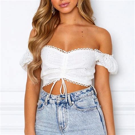 Sexy White Embroidery Hollow Off Shoulder Bowknot Lace Up Crop Top N21018