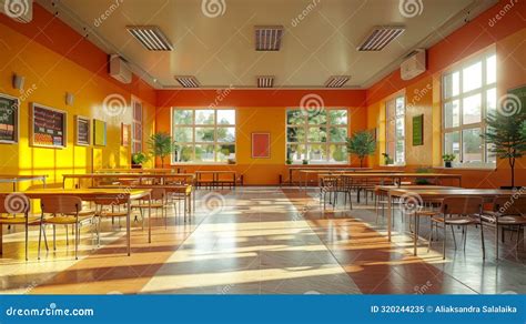 School Cafeteria with Well-organized Tables and Chairs, Reflecting a ...