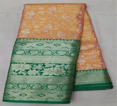 Silk Yellow Base Border Jari Warp Brocade Saree M With Blouse