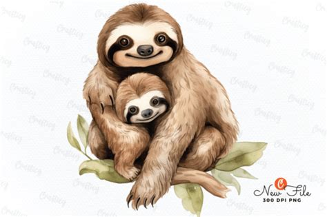 Mom And Baby Sloth Watercolor Clipart Graphic By Crafticy Creative