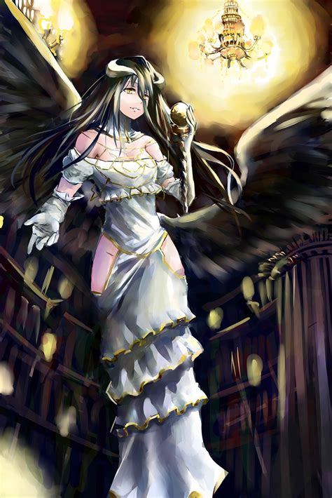 Albedo Overlord Black Hair Dress White Dress Long Hair Horns Overlord Anime Wings Black Wings