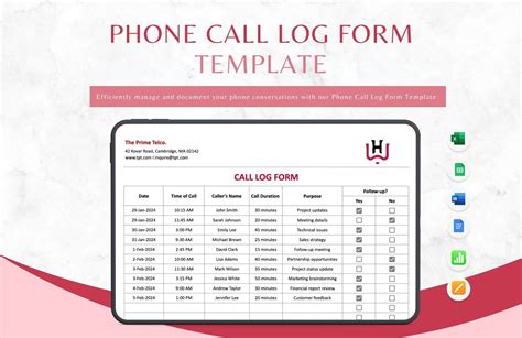 Phone Call Log Form Template in Apple Numbers, Pages, Excel, Google ...