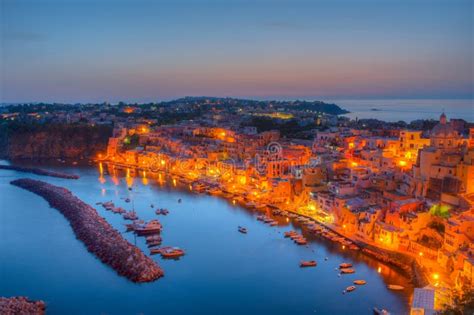 Sunset View Of Marina Di Corricella At Italian Island Procida Stock