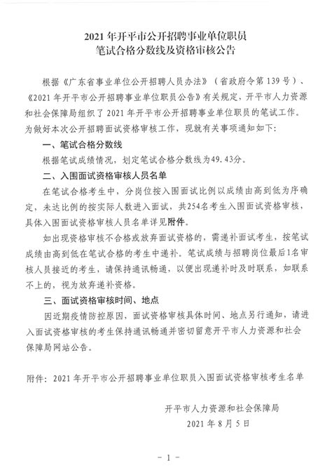 2021年开平市公开招聘事业单位职员笔试合格分数线及资格审核公告