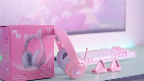 Onikuma K Pink Cat Ear Headphones With Rgb Led Light Flexible Mic