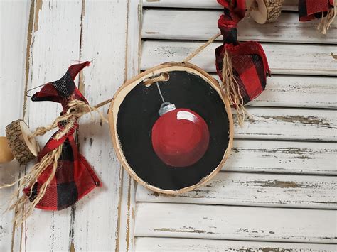 Christmas Bead Garland Red Buffalo Plaid Wood Slice Ornaments Handp