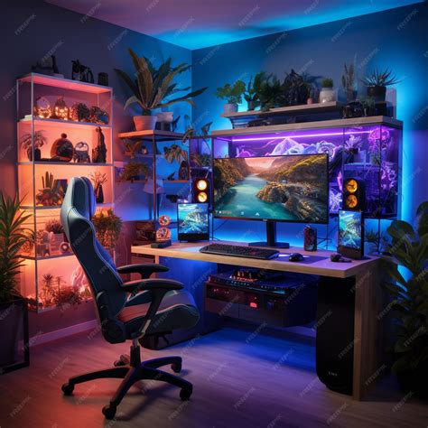 Premium AI Image | Gaming computer setup rgb lighting and curved ...