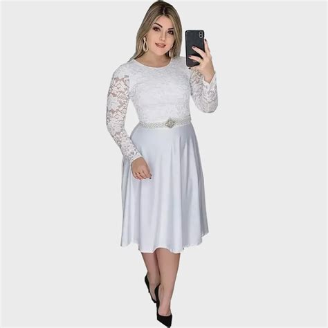 Vestido Godê Mídi Moda Evangélica Renda Manga Longa Branco Submarino