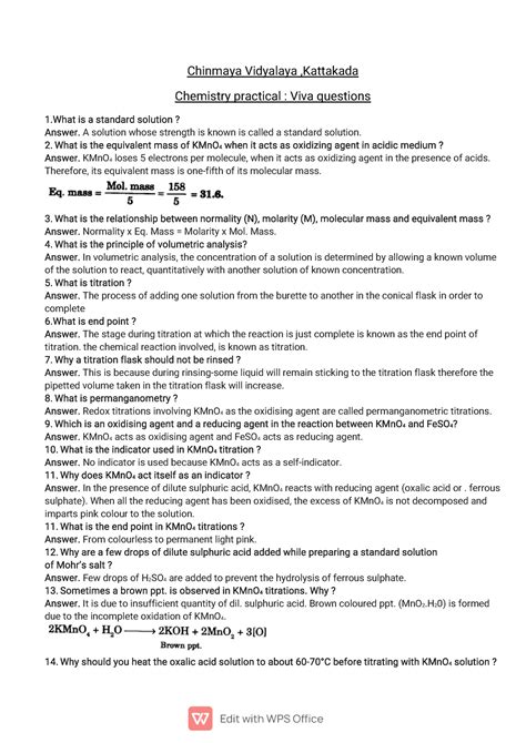 Chemistry Practical Viva Qns Chinmaya Vidyalaya Kattakada Chemistry