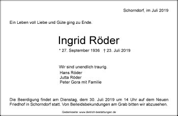 Traueranzeigen von Ingrid Röder ZVW Trauer