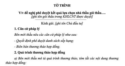 Mẫu tờ trình đề nghị phê duyệt kết quả lựa chọn nhà thầu năm 2022