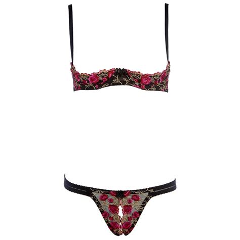 Bordado Flor Tanga Lingerie Set Para Mulheres Roupa Interior Sexy