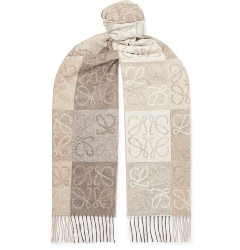 Loewe Logo Intarsia Fringed Wool And Cashmere Blend Scarf Neutrals