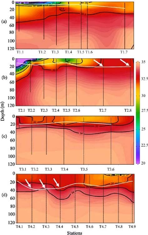 Vertical Distribution Of Salinity At Four Transects A T1 B T2