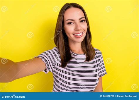 Photo Of Optimistic Millennial Brunette Lady Do Selfie Wear White T