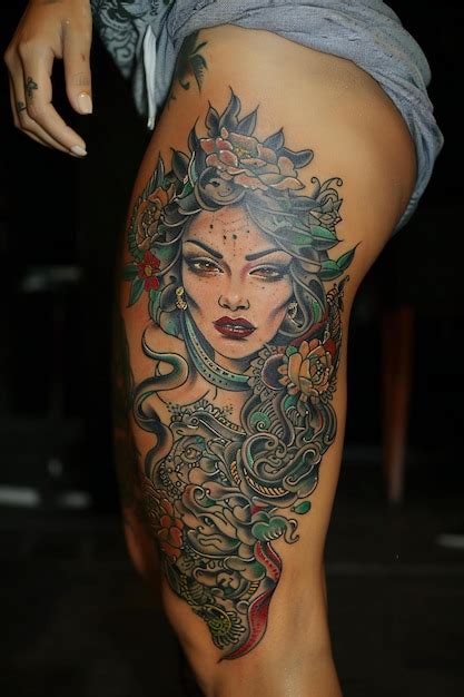 Premium Photo A Full Female Leg Sleeve Tattoo With Medusa Details Leg