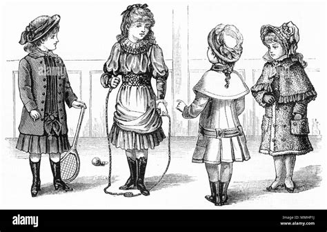 Engraving of well dressed Victorian children in their autumn clothes ...