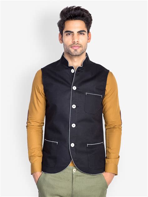 Buy MR BUTTON Men Black Slim Fit Linen Nehru Jacket - Nehru Jackets for ...