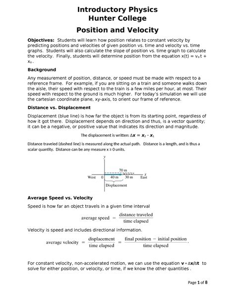 001 One Dimensional Motion 8 25 20 Introductory Physics Hunter College Position And Velocity