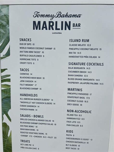 Menu Of Tommy Bahama Marlin Bar In Lahaina Hi