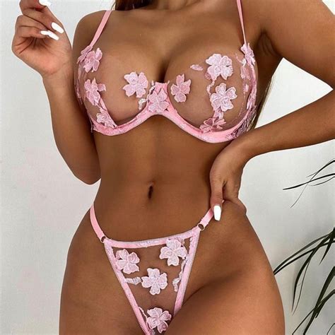 Sexy G String Flowers Embroidery Bralette Lace Bra Bustier Thong Sets