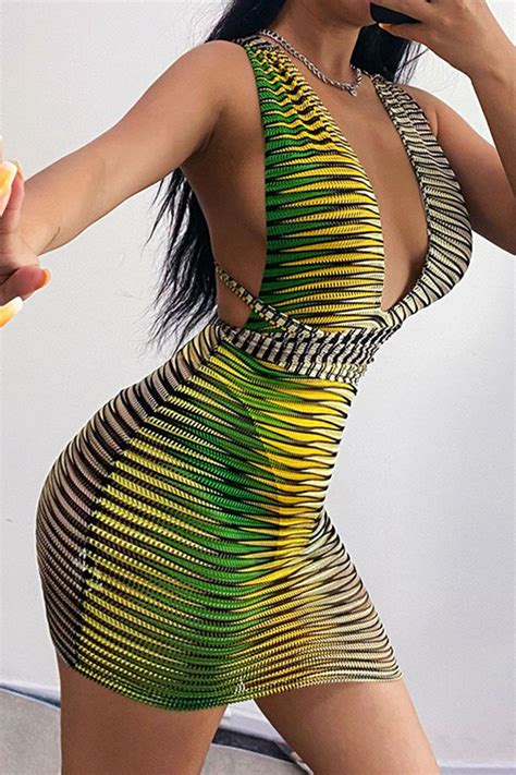 Sexy Striped Print Bandage Split Joint See Through Backless V Neck