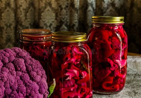 Homemade Pickle with Purple Cauliflower in Jars Stock Photo - Image of ...