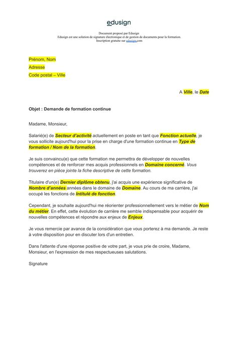 Lettre de demande de formation continue Modèle gratuit en format Word