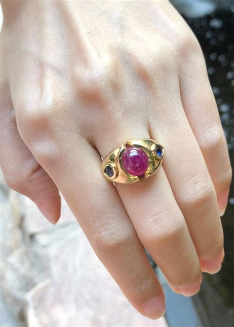 Cabochon Ruby With Blue Sapphire Ring Set In 18 Karat Gold Settings For