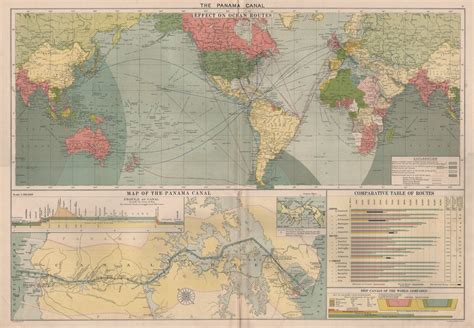 Panama Canal Effect On Ocean Routes Map And Profile Large 50x70cm 1918