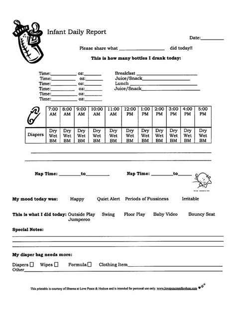 Free Printable Daycare Infant Daily Sheets