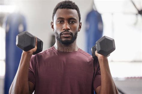 Black Man, Portrait and Dumbbell Workout in Gym for Strong Power ...