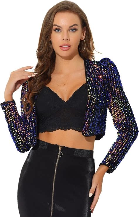 Allegra K Womens Sequin Jacket Open Front Party Clubwear Long Sleeve Cropped Bolero Shrug