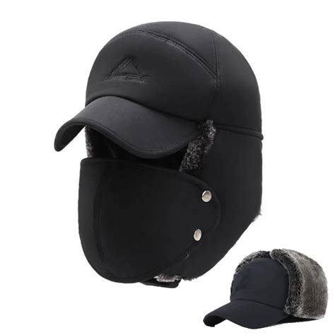 Mens Winter Hats Ear Flaps Bomber Hats With Brim And Face Mask Warm Hat ...