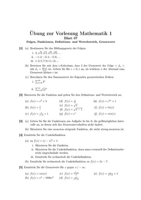 Uebungsblatt Bungsblatt Mathe Bung Zur Vorlesung Mathematik