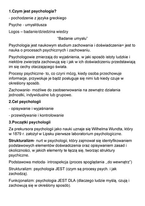 Podstawy Psychologii Notatki 1 Jest Psychologia Pochodzenie Z