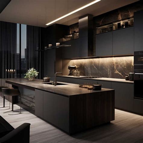 A Modern Kitchen With Black Cabinets And Marble Counter Tops Is Lit By