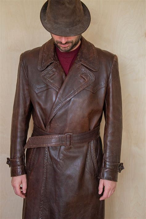 Men S Brown Leather Long Belted Trench Coat Vintage Etsy Leather